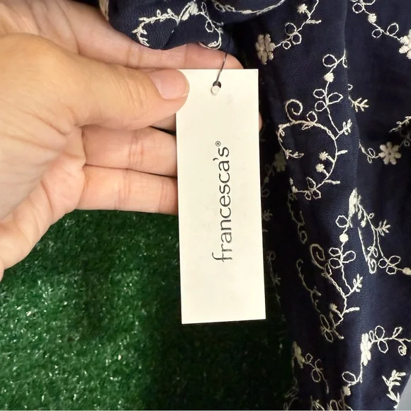 Francesca's Collection Gena Tie Back Embroidered Navy Puff Sleeve Mini Dress - Picture 12 of 16